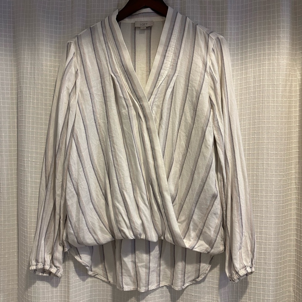Loft Striped White Cotton Blouse Size M